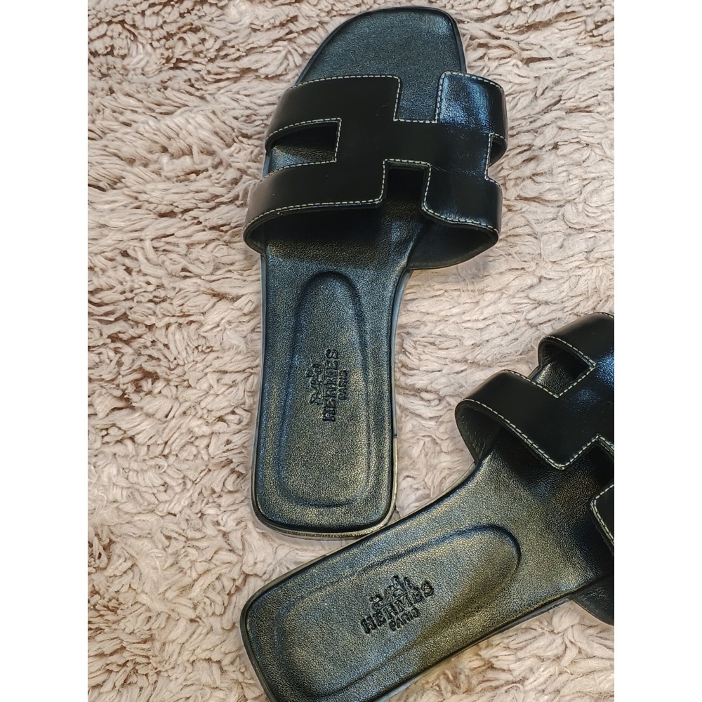 Hermes Oran Sandals Black Leather H Cut Out Flat Slides Size 39 Made in Italy - Picture 5 of 10
